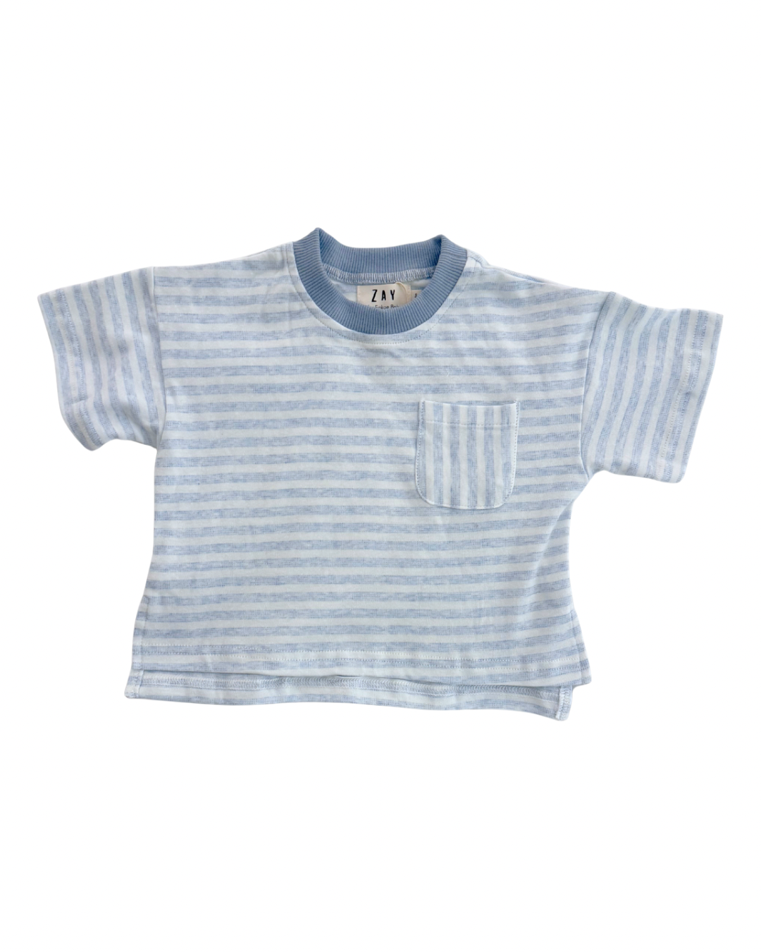 Blue and white striped baby t-shirt with a pocket on a white background
