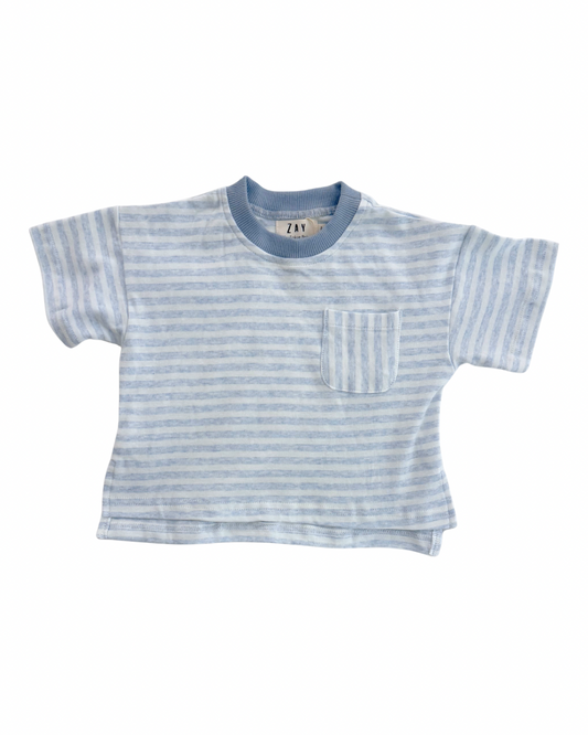 Blue and white striped baby t-shirt with a pocket on a white background