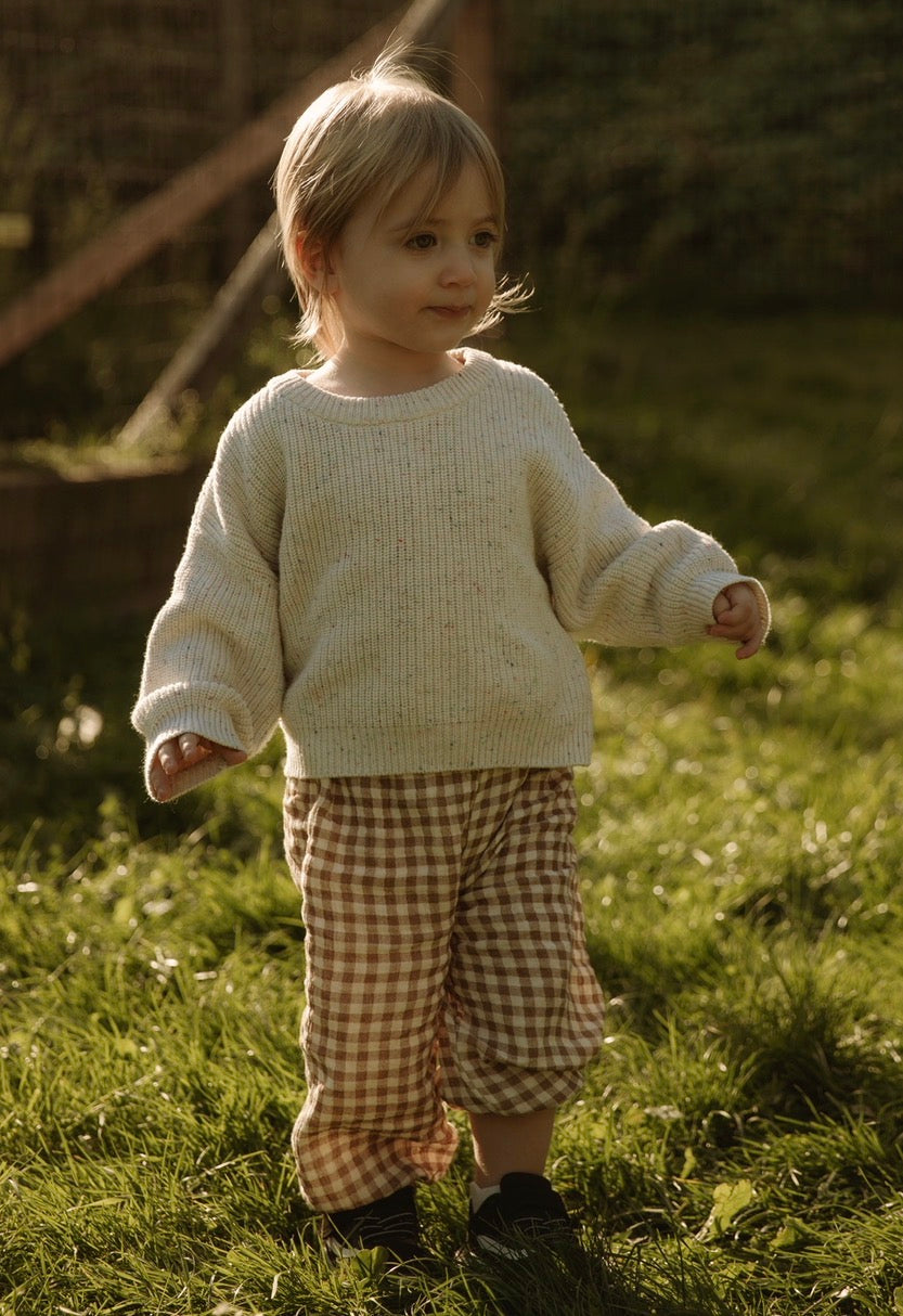 Child wearing a cream sweater and checkered gingham pants standing in a grassy area.