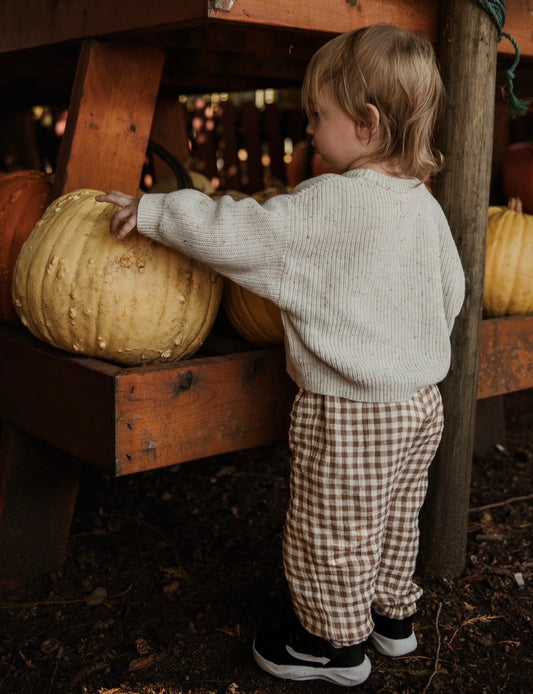 Child interacting with pumpkins at a pumpkin patch