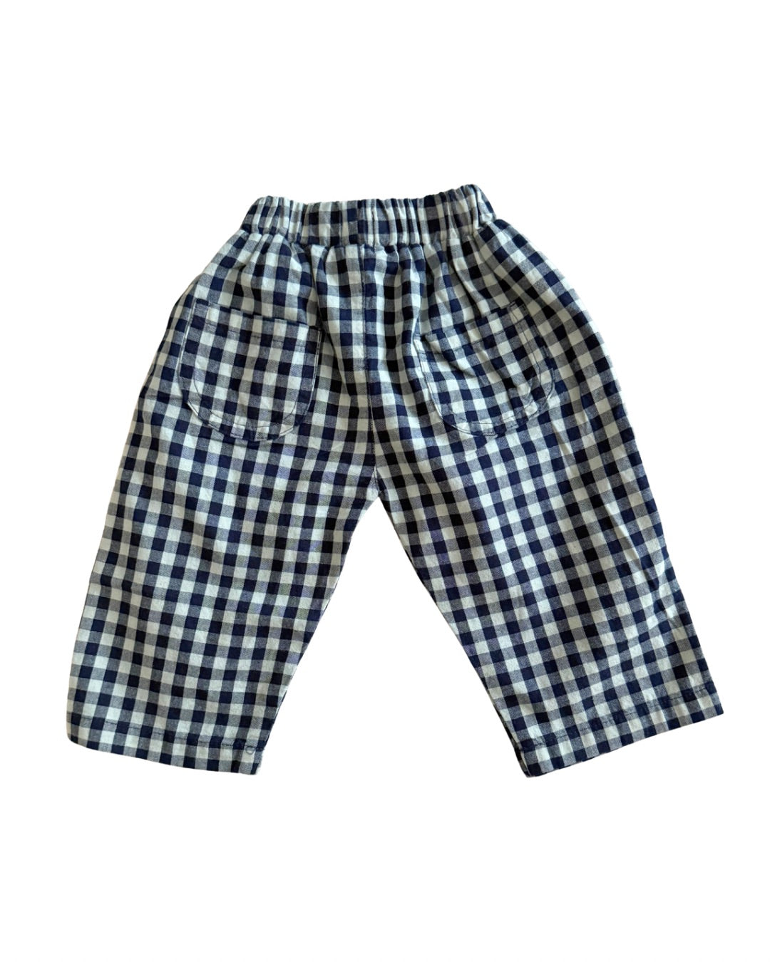 Blue and white checkered pants on a white background
