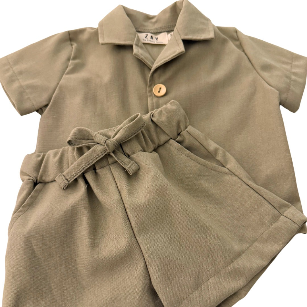 Olive Linen Shorty Set