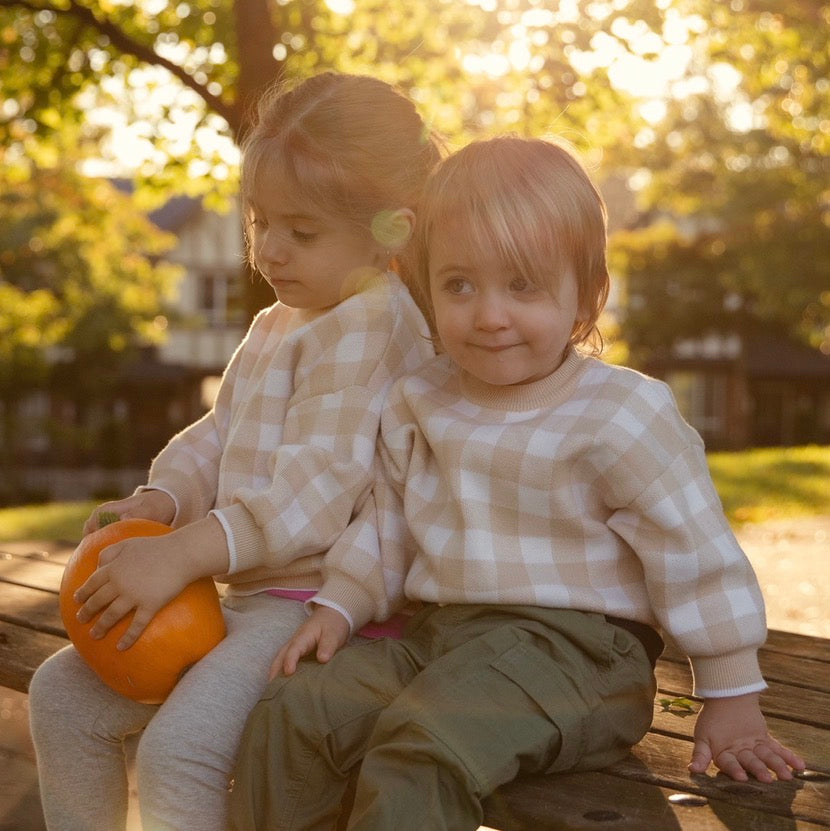Two children sitting on a wooden bench outdoors with trees in the background wearing matching beige gingham knit sweaeters