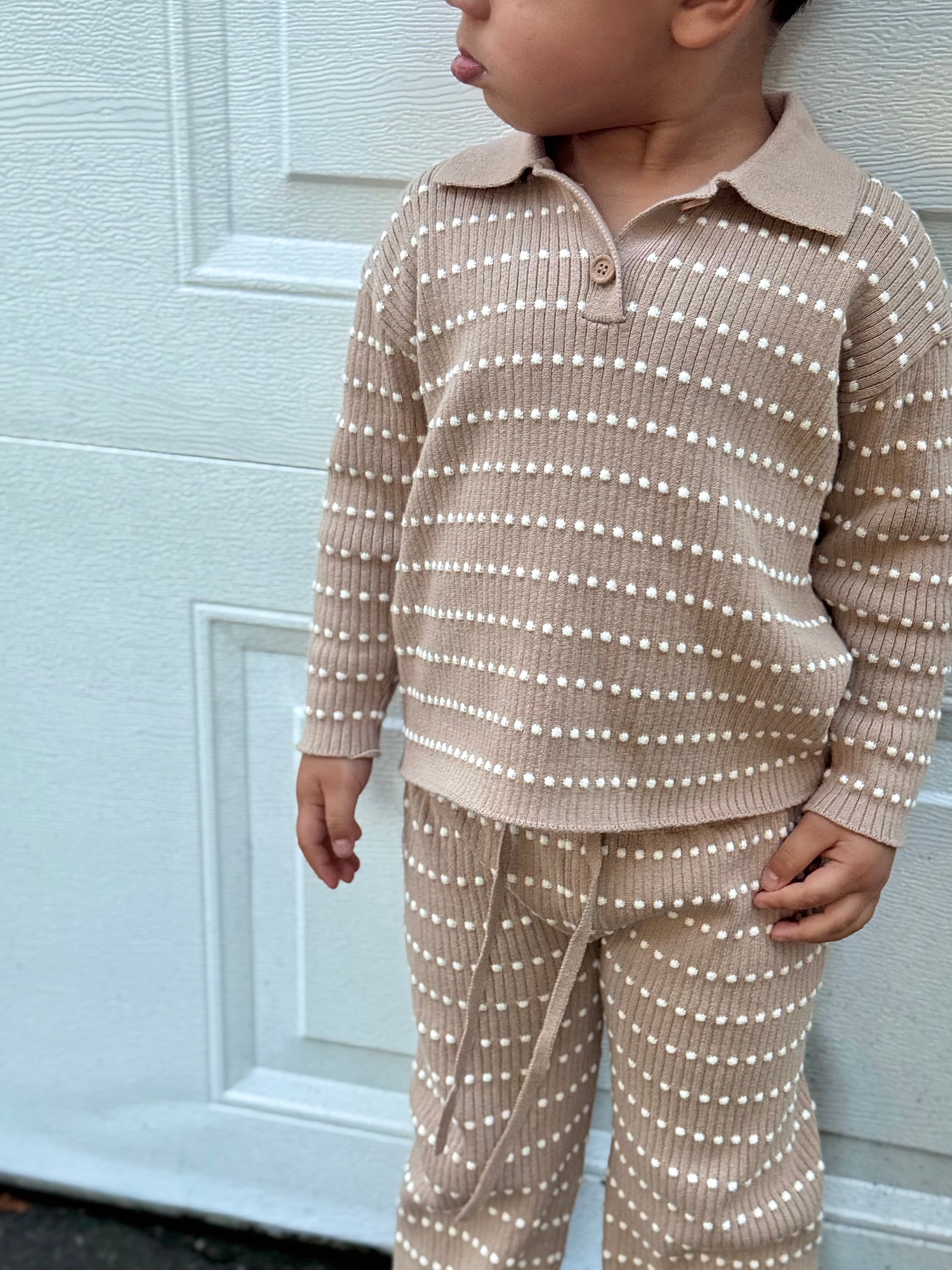 Child wearing a brown-beige Atelier knit polo and pants set