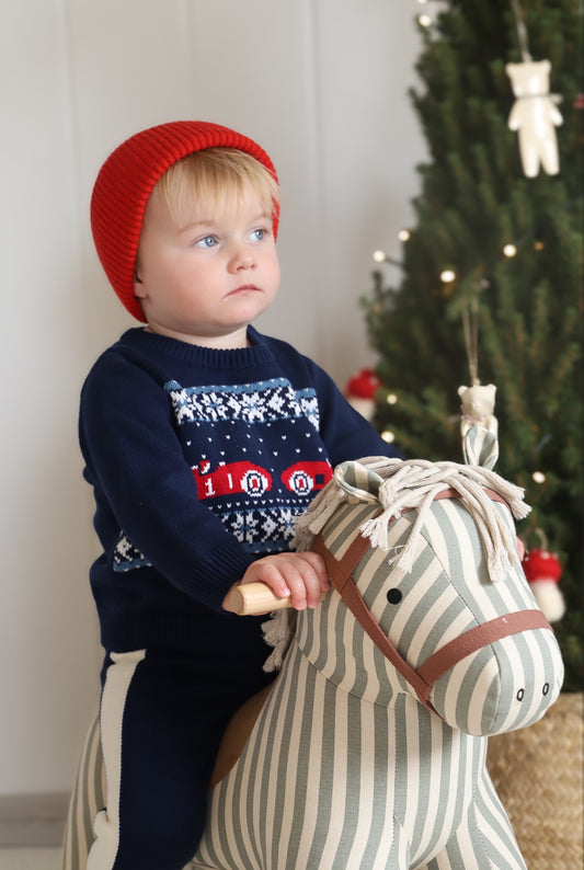 Child wearing a red hat and navy sweater with a Christmas tree in the background