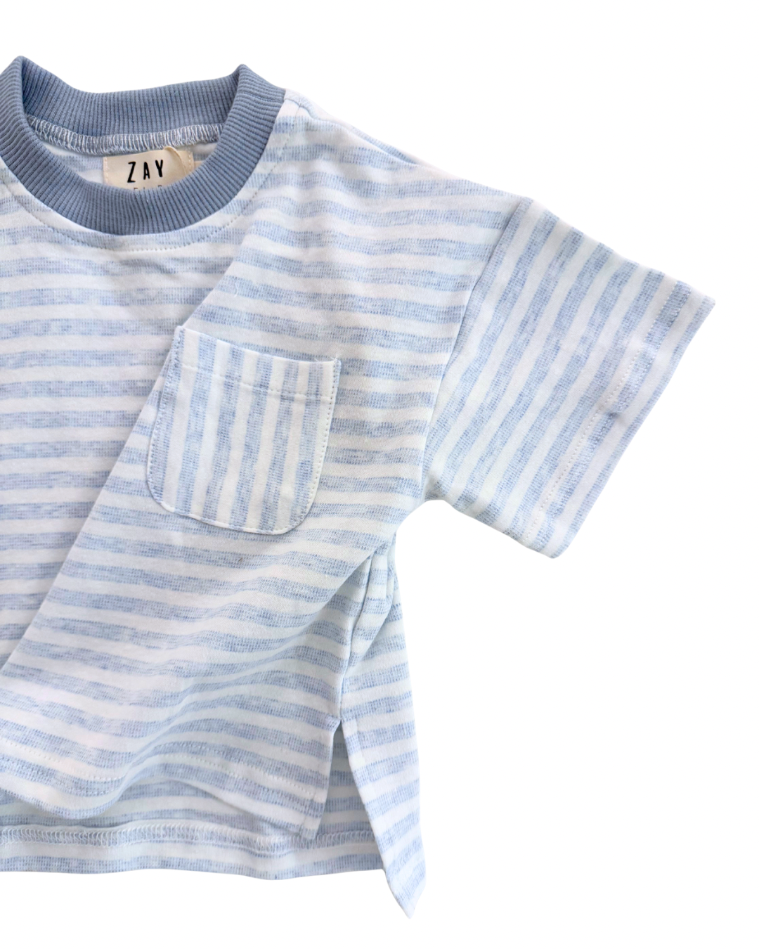 Blue and white striped shirt with a pocket on a white background
