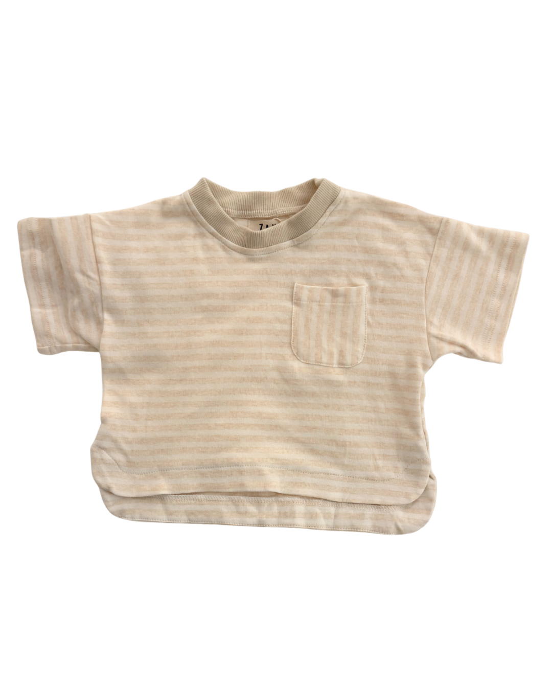 Beige striped t-shirt with a pocket on a white background