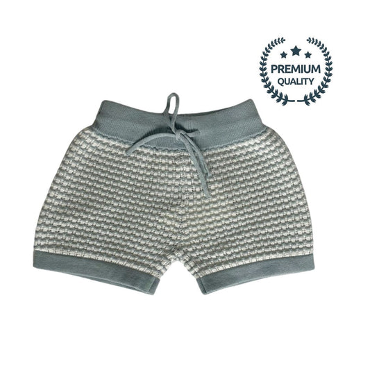 Textured  knitted shorts with a drawstring on a white background, featuring a 'Premium Quality' label.