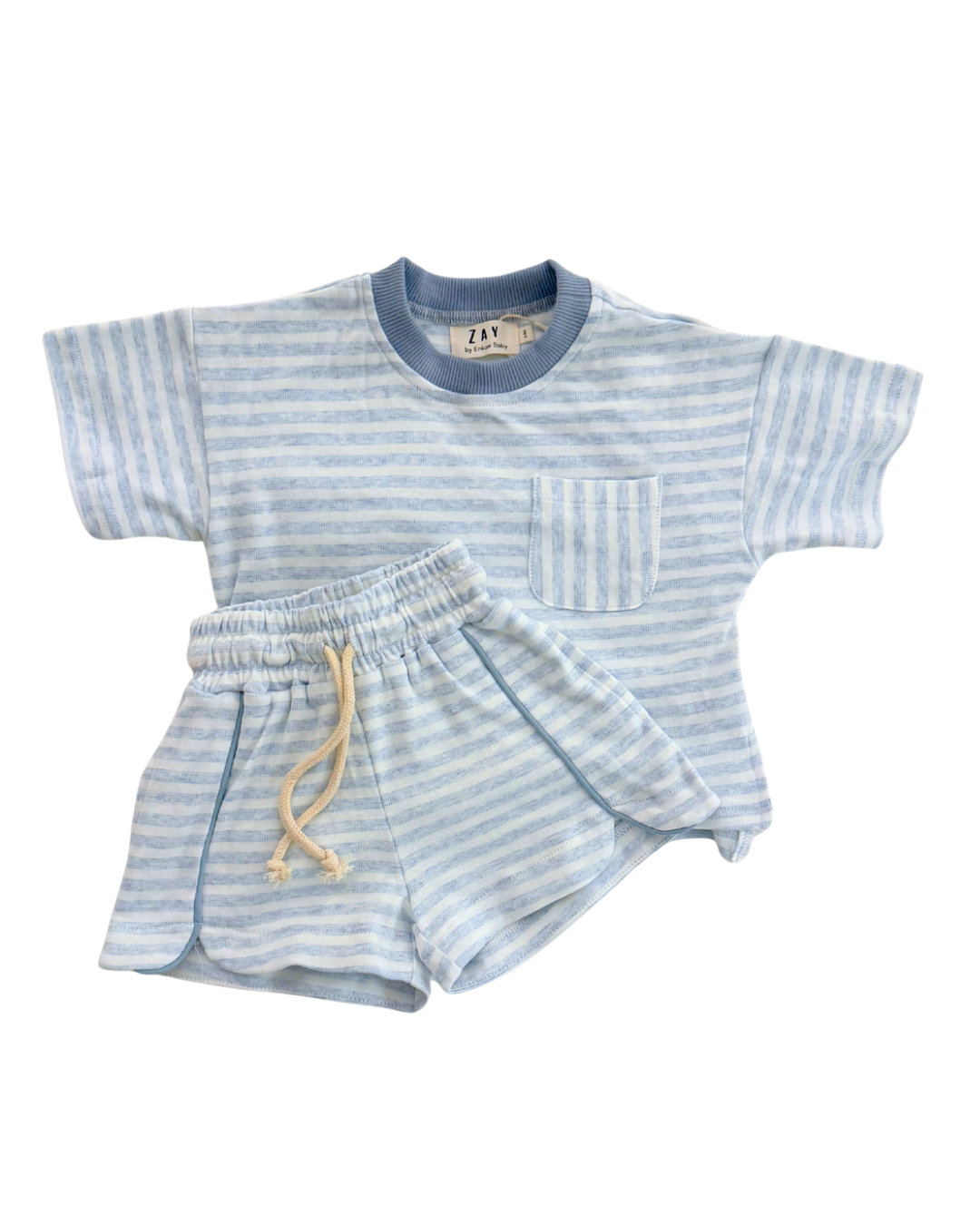 Blue and white striped baby outfit with shorts on a white background