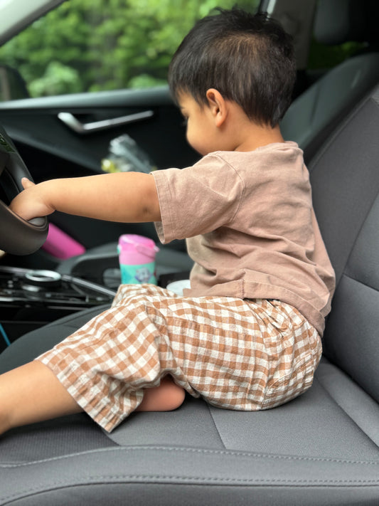 Child sitting in a car seat with a steering wheel, wearing a brown shirt and checkered pants.