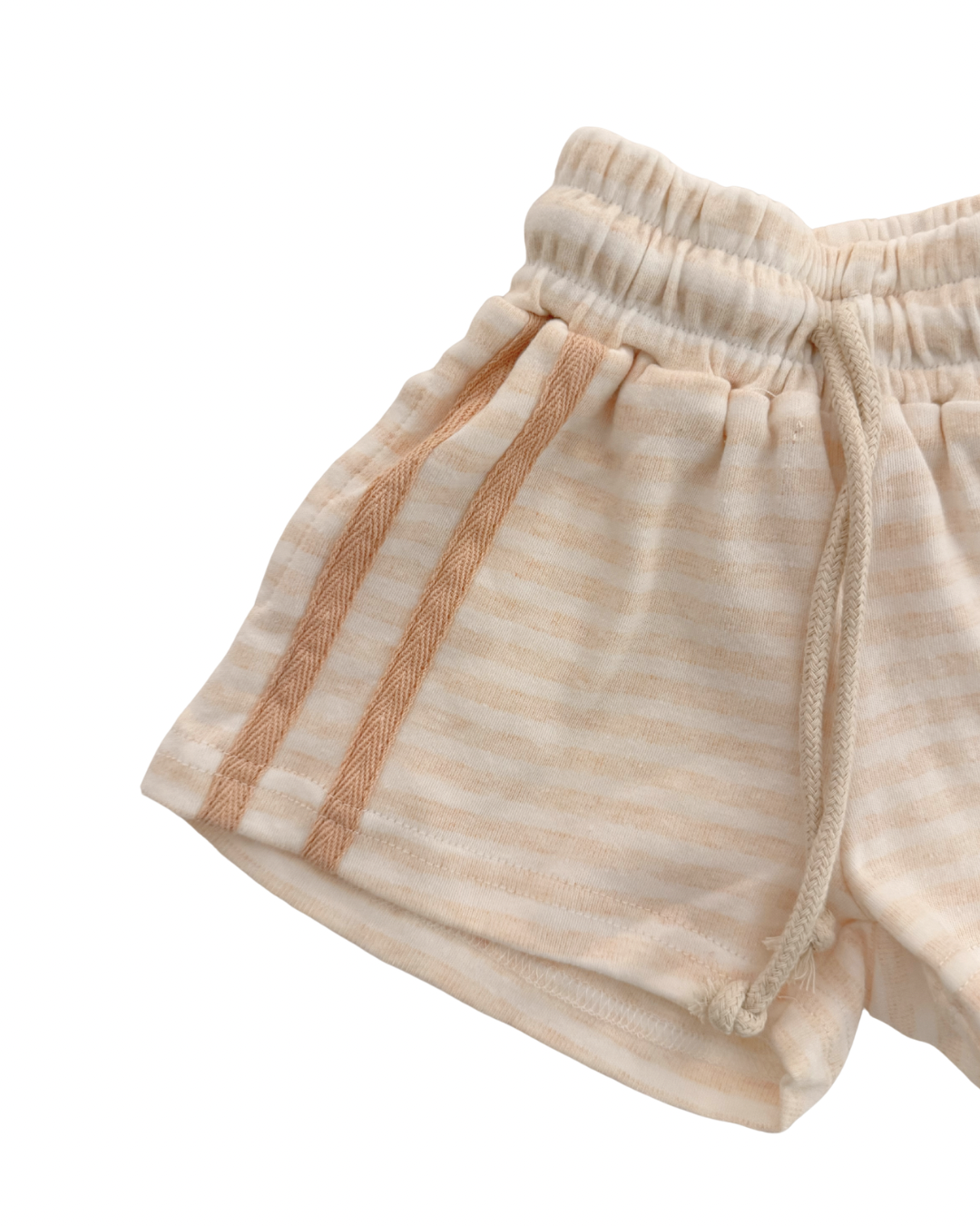 Beige striped shorts with drawstring on a white background