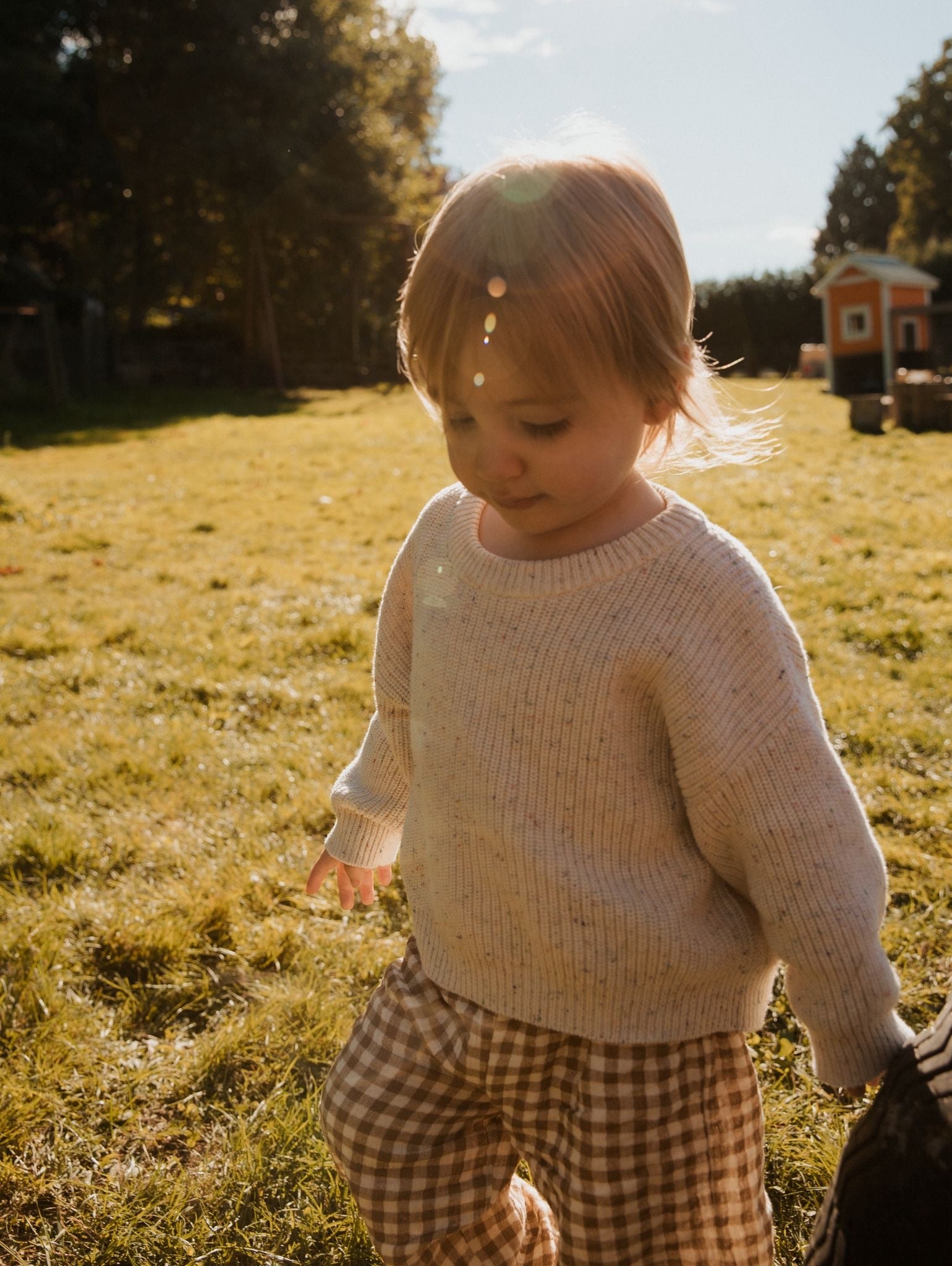 Child in a beige sweater and checkered pants standing in a grassy field with trees and a house in the background.