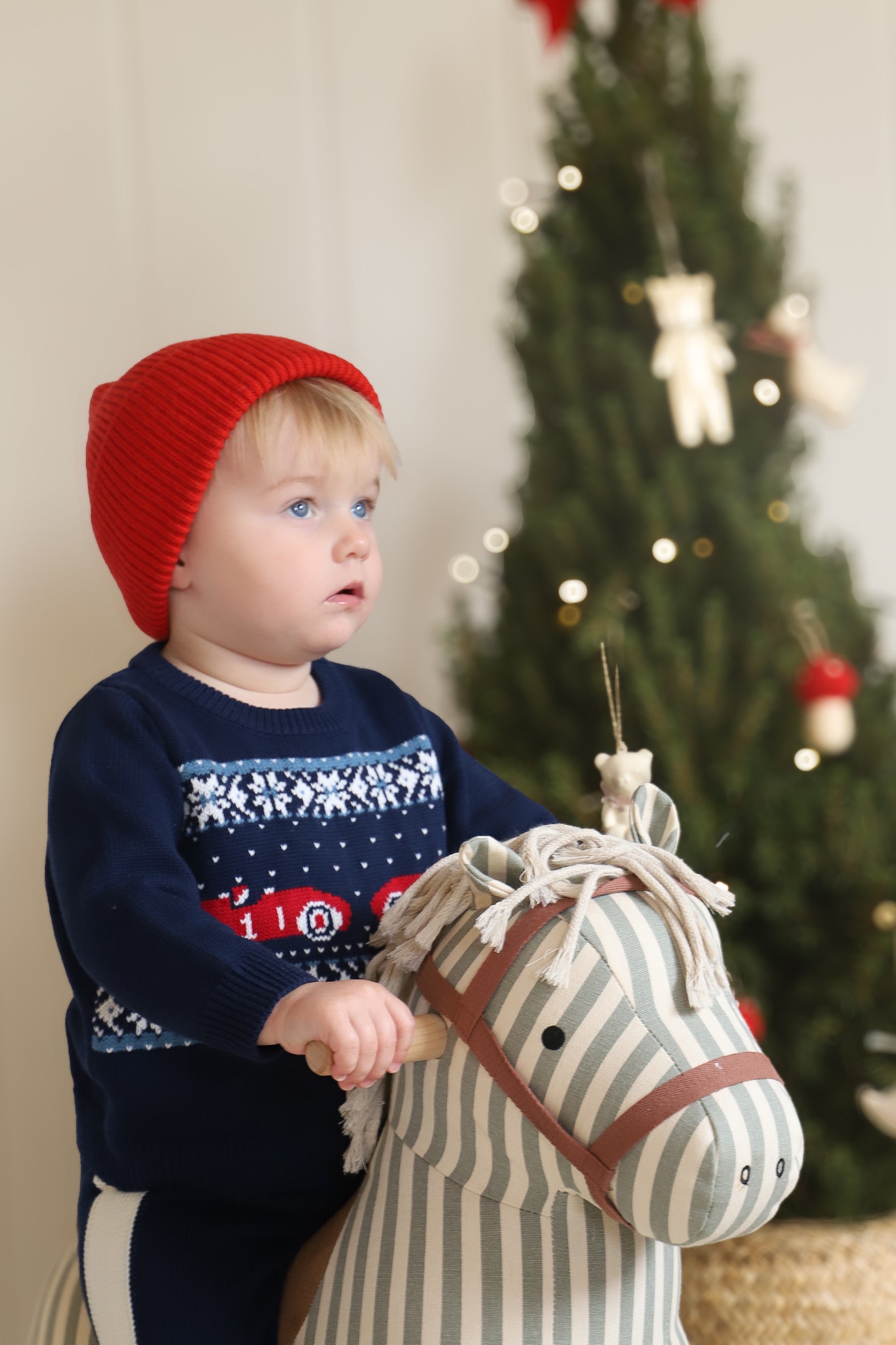 Child wearing a red hat and navy sweater with a Christmas tree in the background