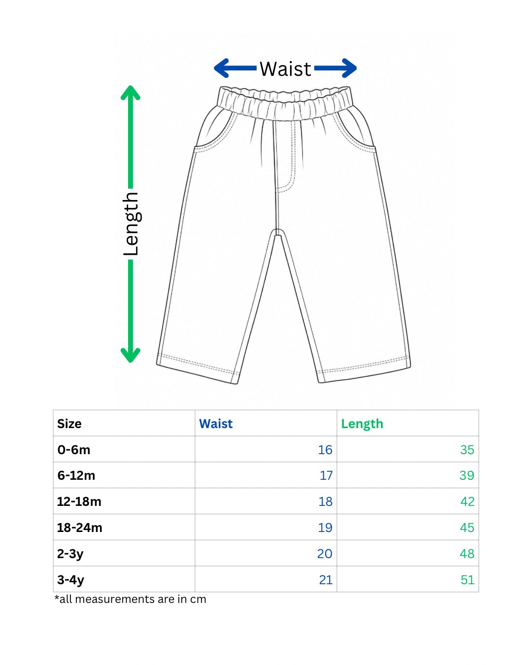 Measurement chart for children's pants with waist and length dimensions and a size chart below.