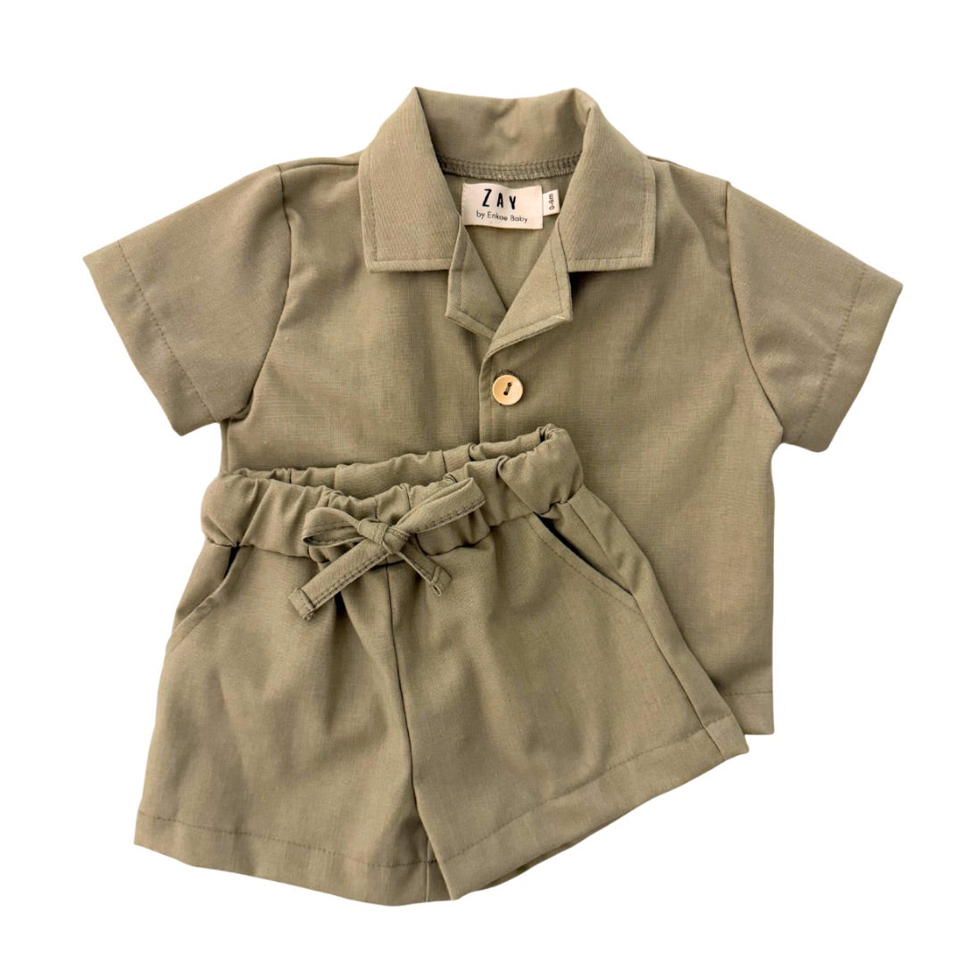 Olive Linen Shorty Set