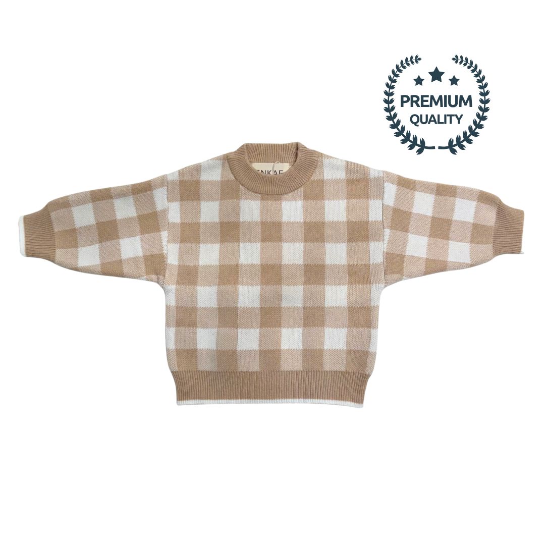 Beige and white gingham checkered sweater on a white background with 'Premium Quality' label.