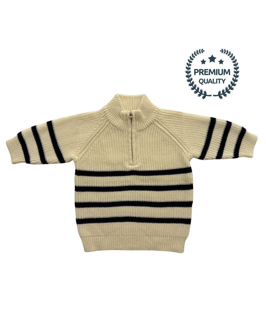 Beige sweater with navy blue stripes on a white background, featuring a 'Premium Quality' label.