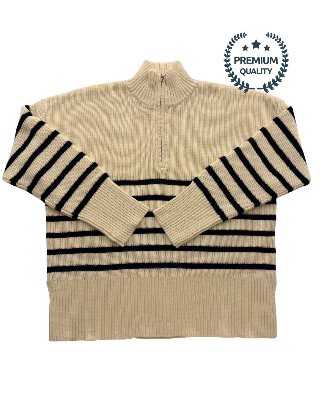 Beige sweater with navy blue stripes on a white background, featuring a 'Premium Quality' label.