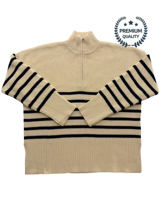Beige sweater with navy blue stripes on a white background, featuring a 'Premium Quality' label.