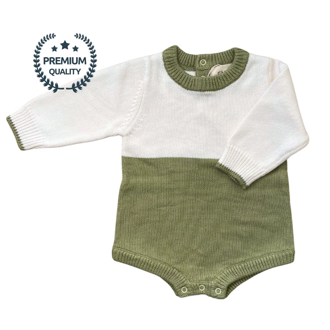 Green and white baby romper with 'Premium Quality' label on a white background