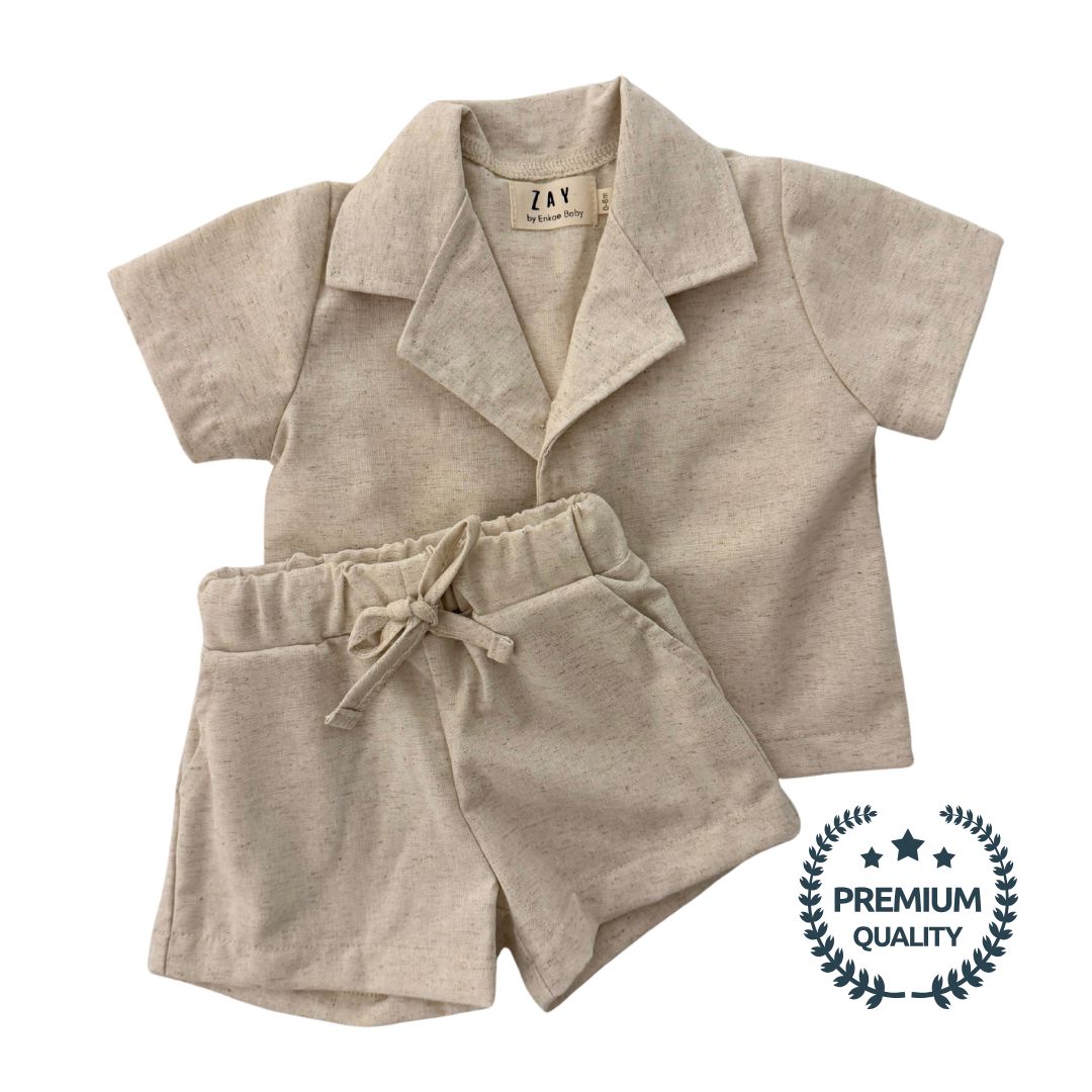 Beige Linen Short Set for Boys on a white background