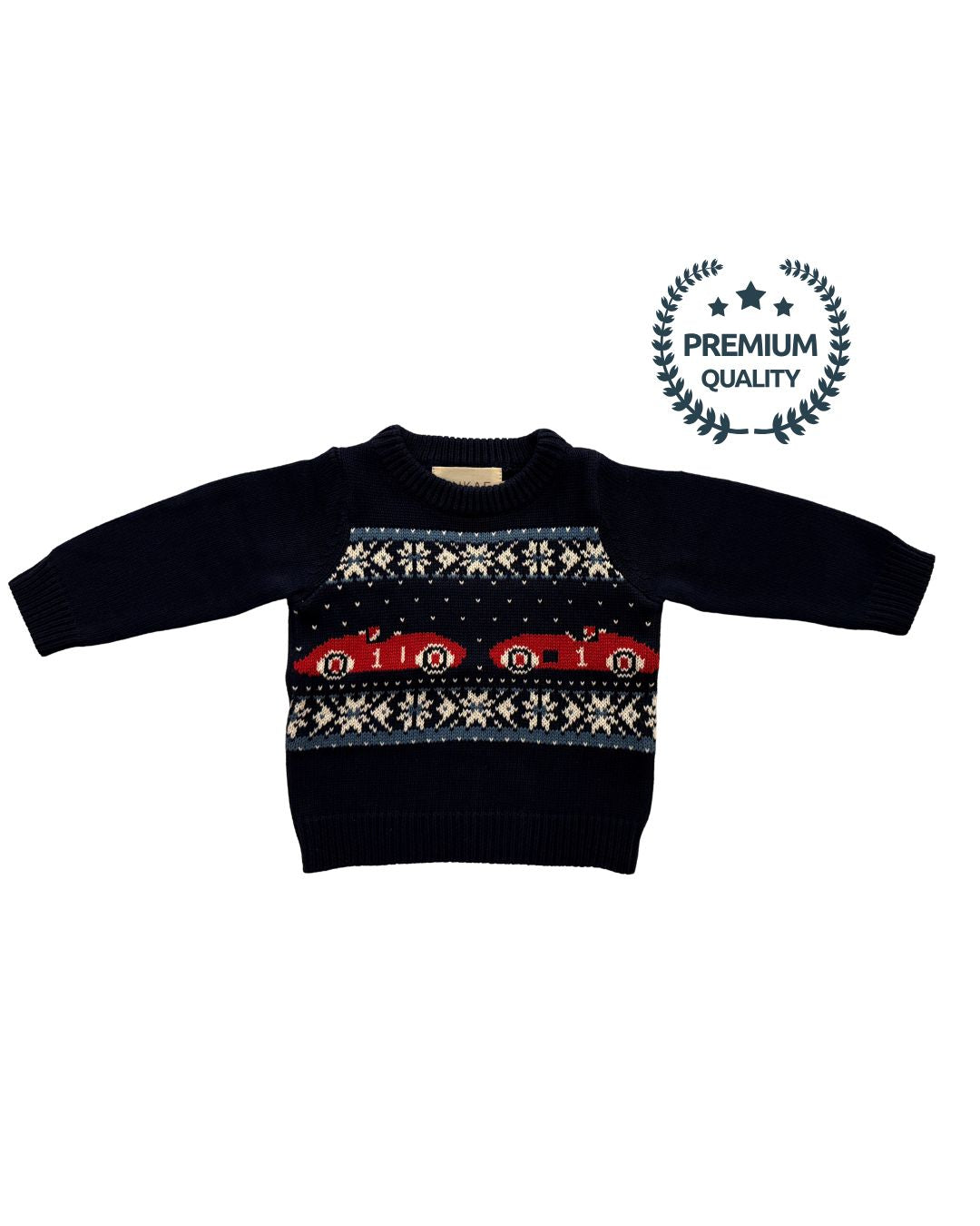 Navy blue sweater with red race car design on a white background, featuring a 'Premium Quality' label.
