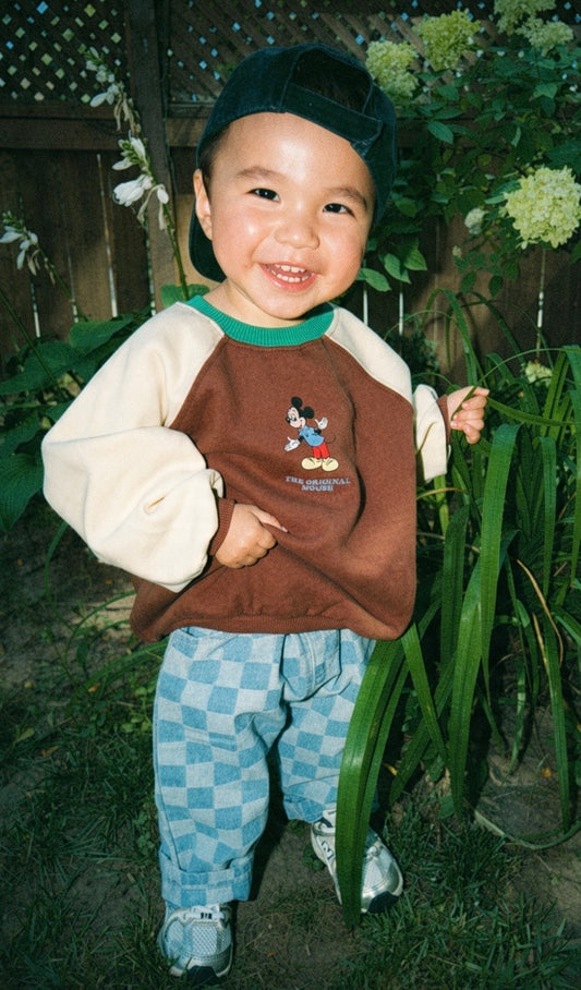 A smiling toddler standing outdoors in a garden, wearing a brown and cream raglan long-sleeve shirt with a Mickey Mouse graphic, blue and white checkered day pants, and a dark cap.